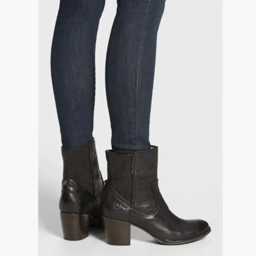 Frye Lucinda Scrunch Real Cognac Brown Leather Stretchy Heeled Short Ankle Boot - Picture 4 of 15